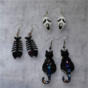 Hand Crafted Black and White Halloween Earrings Set